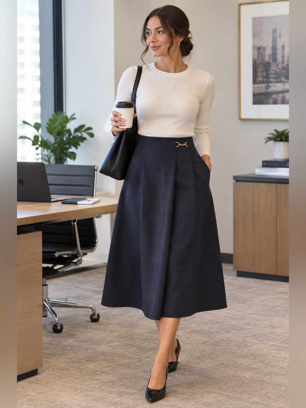 Navy Women's Midi Skirt with Gold Chain Accent